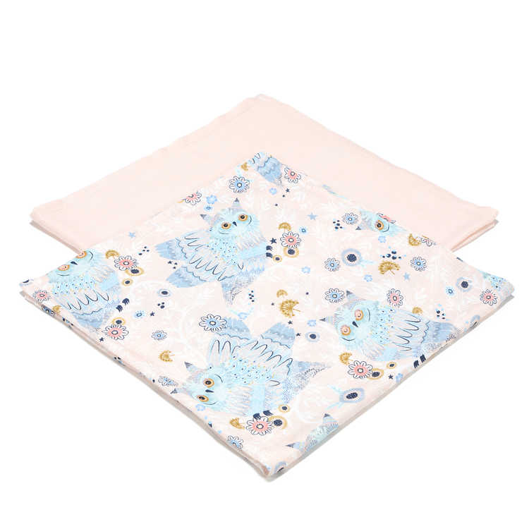 2 PACK SMALL MUSLIN SWADDLE 100% BAMBOO - SLEEPY OWLS - POWDER PINK